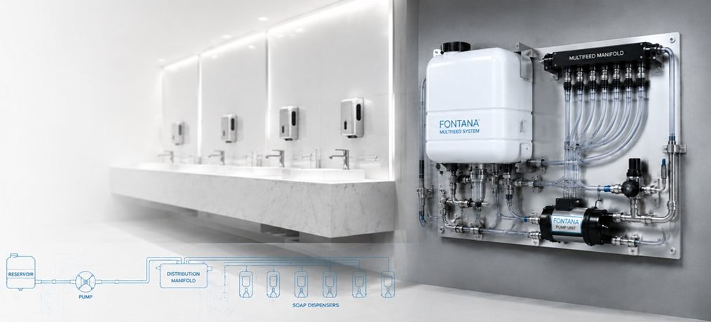 Fontana Multifeed commercial soap dispenser system for high-traffic restrooms